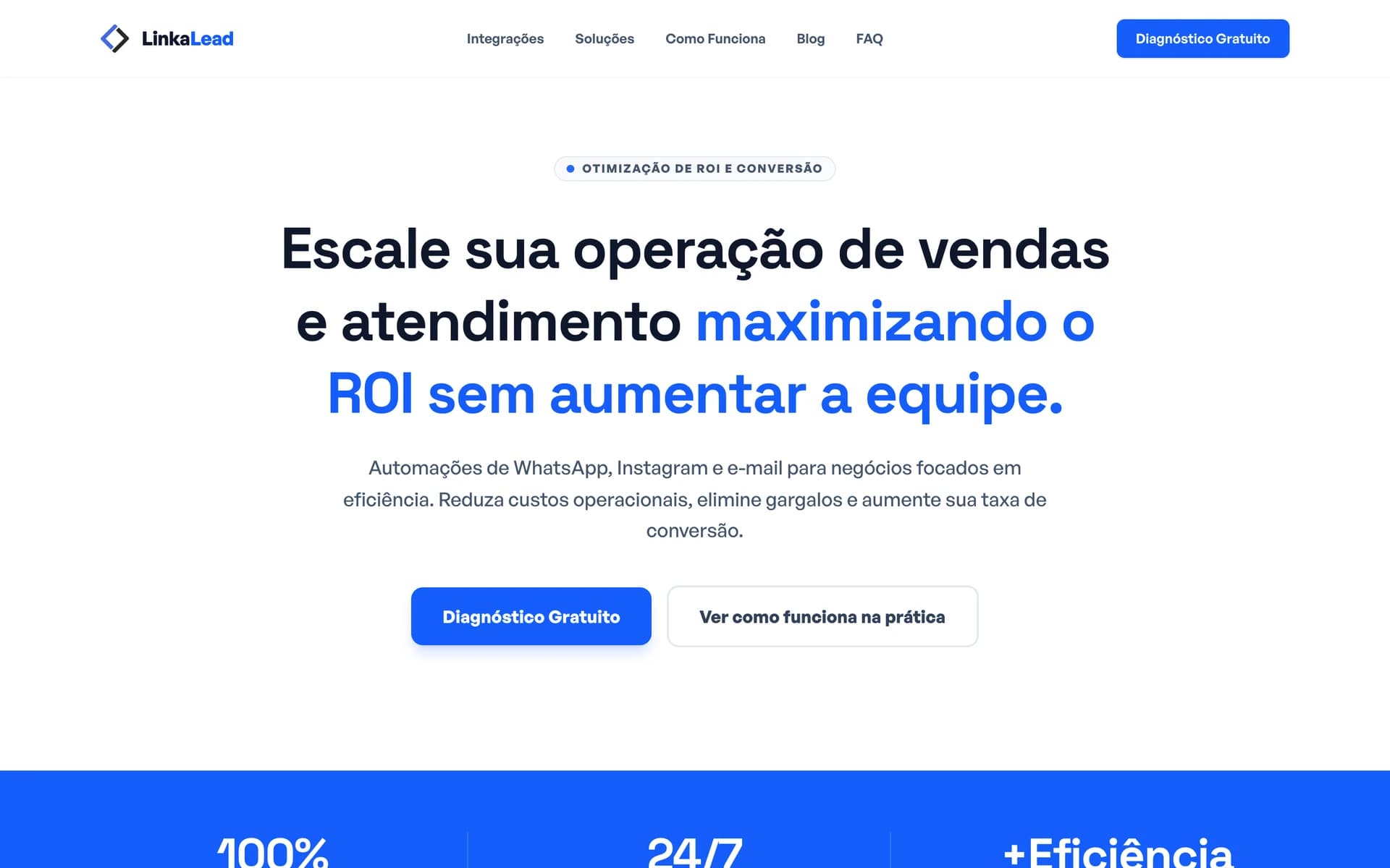 Primeira dobra desktop (Hero) com proposta de valor e CTAs principais